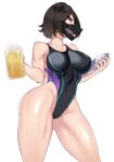  1girl absurdres alcohol ass bare_shoulders beer black_hair black_legwear breasts competition_swimsuit covered_navel covered_nipples highleg highleg_swimsuit highres looking_at_viewer mask mouth_mask one-piece_swimsuit original short_hair solo swimsuit transparent_background tray volyz 