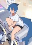  1girl absurdres azuumori bangs black_shorts blue_hair bob_cut breasts closed_mouth clothes collarbone commentary english_commentary flip-flops foot_out_of_frame gym_shorts hair_between_eyes highres indoors laundromat laundry_basket looking_at_viewer medium_breasts medium_hair multicolored_hair original oversized_clothes oversized_shirt own_hands_together red_eyes sandals shark_girl_(azuumori) shirt short_sleeves shorts sign sitting sitting_on_object smile socks solo thick_eyebrows tile_wall tiles towel two-tone_hair washing_machine white_legwear white_shirt white_trim 