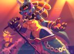  angry anthro breasts female lucario medium_breasts microphone nintendo open_mouth pawpads pok&eacute;mon pok&eacute;mon_(species) skeleion solo spikes under_boob video_games 