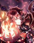  1boy absurdres aiguillette aluber_the_dogmatic bangs cape dated duel_monster fingernails fire forehead_jewel grin half_mask hand_up highres long_hair male_focus mask nw_0925 red_eyes red_hair short_hair signature smile solo yu-gi-oh! 