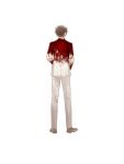  1boy back blazer blood blood_on_clothes brown_footwear brown_hair facing_away formal from_behind full_body highres jacket long_sleeves male_focus messy_hair original pants shoes simple_background solo standing suit uhui white_background white_jacket white_pants white_suit 