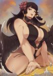  1girl alternate_costume black_hair black_swimsuit black_wings breasts cleavage curvy dead_or_alive dead_or_alive_xtreme feathered_wings flower hair_flower hair_ornament hair_ribbon highres hime_cut huge_breasts long_hair looking_at_viewer makeup mascara mole mole_under_mouth nyotengu o-ring o-ring_swimsuit one_eye_closed paid_reward_available pink_seito purple_eyes ribbon sidelocks solo straddling swimsuit thick_thighs thighs v_arms water wings 