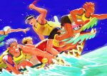  5boys aone_takanobu arm_up bare_arms bare_shoulders black_hair black_shorts blonde_hair bokuto_koutarou character_request check_character clenched_teeth commentary crocs dragon_boat dragon_boat_festival english_commentary grey_hair haikyuu!! highres hinata_shouyou holding jade_poon_(pooniverse) life_vest miya_atsumu multiple_boys open_mouth orange_hair outstretched_arm sakusa_kiyoomi short_hair shorts smile sunglasses teeth tinted_eyewear visor_cap water white_hair yellow-tinted_eyewear yellow_footwear 