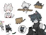  !? 2boys animal_ears arknights aruke0 bishounen black_cat black_hair box cat cat_boy cat_ears cat_tail chibi faust_(arknights) fish highres mephisto_(arknights) multiple_boys pointy_ears short_hair simple_background speech_bubble tail white_background white_hair 