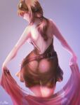  1girl ass backless_dress backless_outfit bangs belt blue_eyes breasts brown_belt brown_dress brown_hair cape cape_removed closed_mouth commentary_request cowboy_shot creator_(ragnarok_online) dress goggles holding holding_cape holding_clothes large_breasts long_hair looking_to_the_side ponytail purple_background ragnarok_masters ragnarok_online red_cape reihou19 short_dress signature solo strapless strapless_dress 