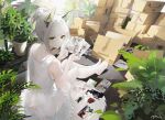  1girl animal_ear_fluff animal_ears arknights ass bangs bare_shoulders box cat_ears closed_mouth dress eyebrows_visible_through_hair green_eyes highres holding kal&#039;tsit_(arknights) looking_at_viewer off_shoulder omone_hokoma_agm plant short_hair sitting solo thighhighs white_dress 