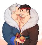  2boys absurdres bare_pectorals belt black_hair blue_hair blush brothers candle closed_eyes coat cupcake ear_piercing earrings fire food grancy_(gyee) gyee headband highres hirusuhi jewelry kiss kissing_forehead male_focus multicolored_hair multiple_boys muscular muscular_male open_mouth pectorals piercing red_hair siblings sideburns smile stud_earrings sven_(gyee) teeth tongue twins white_hair 