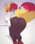  2022 anthro anus areola big_breasts black_body black_fur braixen breasts butt digital_media_(artwork) dipstick_tail fan_character female fur genitals hi_res inner_ear_fluff kneeling looking_at_viewer looking_back lunarii markings nintendo nipples nude pawpads pok&eacute;mon pok&eacute;mon_(species) pussy rear_view red_eyes red_nose ribbons seraphine_(roflfox) smile solo stick tail_markings tuft video_games white_body white_fur x-leon-x yellow_body yellow_fur 