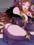  1girl ass bangs bare_shoulders braid breasts cleavage earrings fire_emblem fire_emblem_heroes jewelry kh_(tanakananataka) large_breasts loki_(fire_emblem) open_mouth purple_eyes purple_hair solo thighs upper_body 