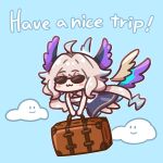  1girl :3 ahoge bangs blue_background chibi cloud enna_alouette flying glasses head_wings holding_luggage light_blue_hair light_brown_hair long_hair luggage multicolored_hair nijisanji nijisanji_en pongari simple_background solo virtual_youtuber wings 