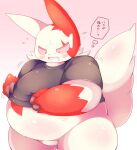  angry anthro belly black_clothing blush clenched_teeth clothing cosith fupa fur hi_res nintendo overweight pok&eacute;mon pok&eacute;mon_(species) shirt simple_background solo t-shirt teeth topwear video_games white_background white_body white_fur zangoose 