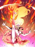  1girl axe_kick barefoot blonde_hair breasts fate/grand_order fate_(series) fire floating_hair kicking kinokaki2020 long_hair open_mouth orange_eyes quetzalcoatl_(fate) solo underboob very_long_hair 