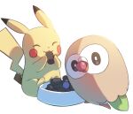  bird bright_pupils brown_eyes closed_eyes commentary_request eating food food_bowl holding looking_at_viewer mokukitusui mouth_hold open_mouth owl pikachu pokemon rowlet sitting smile white_background white_pupils 