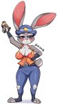  anthro areola areola_slip big_breasts big_ears blackhiro76 blush breasts camel_toe cleavage clothed clothing disney electroshock_weapon female fingerless_gloves footwear gloves grey_body hand_on_hip handwear hi_res judy_hopps knee_pads lagomorph leporid looking_at_viewer mammal police_hat police_uniform purple_eyes rabbit simple_background solo taser thick_thighs toeless_footwear unamused uniform weapon white_background wide_hips zootopia 