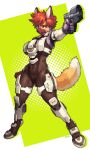  2022 5_fingers absurd_res anthro canid canine dotted_background fingers fox gradient_background gun hi_res machine male mammal pattern_background pgm300 power_armor ranged_weapon red_eyes signature simple_background solo weapon yellow_background 