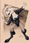  2022 andy_price anthro black_canary breasts clothed clothing cosplay equid equine female fishnet fishnet_legwear footwear fur hair horn legwear mammal open_mouth shoes solo unicorn unicorn_horn 