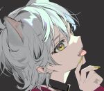  1boy animal_ears bangs black_background cat_ears collar commentary_request fang from_side grey_hair male_focus nail_polish original portrait short_hair simple_background solo tongue tongue_out torino_kawazu yellow_eyes yellow_nails 