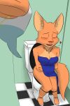 2022 absurd_res anthro bathroom blush bodily_fluids breasts canid canine clothed clothing diane_foxington digital_media_(artwork) dreamworks dress female footwear fox genital_fluids hi_res jewelry mammal necklace notmypornaccount open_mouth panties peeing public_bathroom public_restroom relieved restroom_stall shoes simple_background sitting solo the_bad_guys toilet toilet_use underwear urine urine_stream watersports 