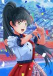  1girl :d bangs bare_shoulders belt black_belt black_hair black_headwear blurry blurry_background collared_shirt commentary confetti dated day english_commentary hazuki_ren high_ponytail highres hinata2325 houndstooth index_finger_raised light_blush long_hair looking_at_viewer love_live! love_live!_superstar!! mixed-language_commentary own_hands_together puffy_short_sleeves puffy_sleeves red_skirt shirt short_sleeves sideways_glance signature skirt smile solo stadium start!!_true_dreams_(love_live!) tareme tilted_headwear two-tone_skirt white_shirt yellow_eyes 