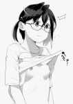  1girl arrow_(symbol) asymmetrical_hair bangs banned_artist blush breasts closed_mouth clothes_lift commentary_request flying_sweatdrops glasses greyscale hair_between_eyes hair_ornament hairclip kantai_collection lifted_by_another makio_(makiomeigenbot) monochrome nipples okinami_(kancolle) shirt_lift short_hair simple_background small_breasts solo sweat 