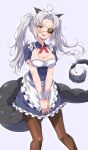  1girl absurdres apron bandages blush breasts brown_legwear commission dragon eggman_(pixiv28975023) eyepatch frilled_apron frills grey_hair highres large_breasts long_hair looking_at_viewer maid maid_apron maid_headdress one_eye_covered pantyhose skeb_commission solo standing tail twintails yellow_eyes 