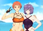  2girls :d ahoge asymmetrical_gloves bangs bare_shoulders bernadetta_von_varley bikini black_gloves blue_sky breasts cleavage closed_mouth cloud collar collarbone commission cowboy_shot day english_commentary eyebrows_visible_through_hair fingerless_gloves fire_emblem fire_emblem:_three_houses fire_emblem_heroes gloves grey_eyes groin hair_between_eyes hand_on_another&#039;s_shoulder hand_on_another&#039;s_waist hand_on_hip hand_up leonie_pinelli lindaroze long_hair looking_at_viewer medium_breasts midriff mismatched_gloves multiple_girls navel ocean official_alternate_costume open_mouth orange_bikini orange_eyes orange_hair outdoors partially_fingerless_gloves patreon_username purple_hair purple_swimsuit short_hair sidelocks single_fingerless_glove sky small_breasts smile standing swimsuit twitter_username v watermark 