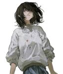  1girl blood blood_on_clothes brown_hair highres kgeroua nosebleed original solo white_background white_sweatshirt 