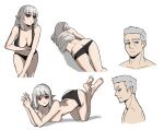  1boy 1girl absurdres bare_legs barefoot black_bra black_panties bra breasts character_request cleavage eyebrows_visible_through_hair grey_hair highres medium_breasts multiple_views navel original panties pointy_ears red_eyes rusellunt shadow shirt simple_background topless underwear vampire&#039;s_sister_(gogalking) white_background white_shirt 