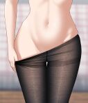  1girl black_legwear blurry blurry_background clothes_pull fine_fabric_emphasis groin gurande_(g-size) highres hip_focus indoors linea_alba midriff navel no_panties original pantyhose pantyhose_pull see-through solo straight-on thigh_gap thighband_pantyhose thighs topless undressing 