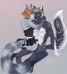 2018 anthro black_clothing black_nose black_panties black_underwear blue_eyes blue_nose blue_pawpads bottomwear bow_ribbon breasts brown_hair butt canid canine choker clothed clothed/nude clothed_female_nude_male clothing deimos_the_fox domestic_cat duo eye_contact felid feline felis female fluffy fox fur fur_markings green_eyes grey_body grey_fur grey_hair hair hand_on_shoulder hi_res hybrid jewelry kira_petrov legwear looking_at_another maid_uniform male male/female mammal markings moon_(marking) necklace nude on_top panties pawpads paws procyonid raccoon short_hair signature simple_background sitting skirt slim smile steppecrow straddling striped_markings striped_tail stripes tail_markings teasing thigh_highs underwear uniform white_body white_fur 