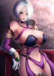  1girl absurdres armor bare_shoulders blue_eyes blush breasts choker cleavage collarbone commentary cowboy_shot detached_sleeves forehead gem gloves hair_over_one_eye highleg highres isabella_valentine kangaruu_(momotk1109) large_breasts leaning_back looking_at_viewer navel no_bra parted_lips purple_choker railing red_lips revealing_clothes short_hair shoulder_armor solo soulcalibur soulcalibur_vi warrior white_gloves white_hair 