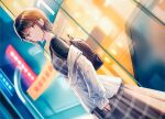  1girl backpack bag black_hair black_shirt black_vest blouse blurry blurry_background city_lights closed_mouth cowboy_shot depth_of_field dutch_angle eyebrows_visible_through_hair fujinami_kaho gimai_seikatsu glasses hiten_(hitenkei) looking_back night novel_illustration official_art outdoors red_eyes shirt short_hair solo textless_version vest white_shirt 