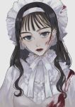  1girl black_hair blood blood_on_clothes blood_on_face blue_eyes bow closed_mouth eyelashes frills grey_background hairband highres long_eyelashes long_hair original red_eyes remon_(10112) simple_background slit_pupils solo upper_body white_bow white_hairband white_theme 