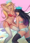  2girls alejandro_tio arm_behind_head ass bikini black_hair blonde_hair blue_eyes blue_nails breasts cleavage cloud hair_lift halo highres long_hair multicolored_hair multiple_girls panty_&amp;_stocking_with_garterbelt panty_(psg) pose purple_hair stocking_(psg) swimsuit teeth thighhighs 