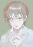  1boy absurdres brown_hair collared_shirt commentary_request green_background grey_eyes hands_up highres male_focus original parted_lips shirt short_hair simple_background solo tearing_up torino_kawazu upper_body white_shirt 