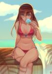  1girl alejandro_tio artist_logo beach bikini blue_eyes bracelet breasts brown_hair cleavage cloud cloudy_sky crossed_legs day eating food hand_on_table highres ice_cream jewelry licking long_hair looking_at_viewer ocean original outdoors plump sitting sky solo swimsuit tongue tongue_out towel wooden_table 