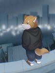  2022 anthro bodily_fluids bonbonkun15 bottomwear brown_body brown_fur canid canine canis clothing crying detailed_background domestic_dog fur hoodie male mammal night outside pants sad solo suicide_attempt tears topwear young 