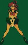  1girl bishoujo_senshi_sailor_moon bow brown_hair green_background green_eyes green_footwear green_skirt kino_makoto legs magical_girl pikurusu pink_bow sailor_jupiter skirt solo 