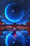  1girl absurdres architecture bangs blue_sky cloud east_asian_architecture highres itsukushima_shrine japanese_clothes kenzo_093 kimono long_hair looking_away original pink_eyes pink_hair scenery sky solo standing standing_on_liquid star_(sky) starry_sky 