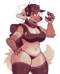  anthro backpack bandaged_arm bra canid canine canis claws clothing female fur hair hand_on_own_hip hat headgear headphones headwear hi_res mammal navel panties pawpads ponytail raised_hand red_body red_fur retros scarf slightly_chubby solo underwear wearing_hat white_hair wolf 