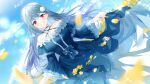  1girl blue_hair cloud dorook dress flower highres long_hair looking_at_viewer original red_eyes smile solo 