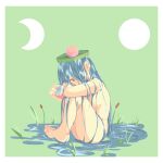  blue_hair borrowed_character cup flower grass green_background hair_over_one_eye highres holding holding_cup jovim kelda_(akairiot) knees_up lily_pad liquid_hair nude original pink_flower shadow water_lily_flower yellow_eyes 