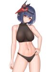  1girl absurdres bangs bare_arms bare_shoulders black_panties blue_hair blush breasts cowboy_shot eyebrows_visible_through_hair genshin_impact hand_on_hip head_tilt highres kujou_sara large_breasts looking_at_viewer mask mask_on_head midriff navel panties parted_lips short_hair simple_background solo thighs underwear wei_xiao white_background yellow_eyes 