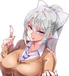  1041_(toshikazu) 1girl bangs bow breasts brown_cardigan cardigan collared_shirt dress_shirt eyebrows_visible_through_hair grey_hair hair_between_eyes higuchi_kaede index_finger_raised large_breasts lips long_hair long_sleeves looking_at_viewer mole mole_under_eye necktie nijisanji parted_lips pink_lips pink_nails ponytail purple_eyes purple_necktie school_uniform shiny shiny_hair shirt simple_background solo upper_body very_long_hair virtual_youtuber white_background white_bow white_shirt wing_collar 
