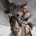  1girl absurdres arrow_(projectile) bird bow_(weapon) bridle brown_gloves day falconry gloves grey_sky highres holding holding_bow_(weapon) holding_weapon horse horseback_riding looking_at_viewer original outdoors owl riding saddle sangsoo_jeong snowing solo weapon white_headwear 