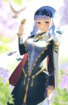  1girl absurdres animal bangs bird bird_on_hand blue_butterfly blue_dress blue_hair blue_hairband blunt_bangs blush breasts bug butterfly center_frills closed_mouth commentary_request dress fire_emblem fire_emblem:_three_houses fire_emblem_warriors:_three_hopes flower flying frills hairband highres lace_hairband large_breasts leaf lips long_hair long_sleeves marianne_von_edmund parupome pink_lips purple_eyes purple_flower smile twitter_username white_bird 