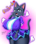  2022 anthro aozora_(tasogare_aozora) bedroom_eyes big_breasts black_body black_fur blush blush_stickers bow_tie breast_expansion breasts clothed clothing curvy_figure cute_fangs dialogue domestic_cat dress expansion eyelashes felid feline felis female fur green_eyes hair hi_res huge_breasts japanese_text kemono looking_at_viewer mammal narrowed_eyes nipple_outline odd_taxi open_mouth open_smile pose sakura_wadagaki_(odd_taxi) seductive short_dress simple_background smile smoke solo text thick_thighs thigh_expansion translation_request voluptuous whiskers wide_hips 