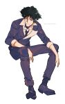  1boy black_hair cowboy_bebop english_text highres invisible_chair qqau47t9k red_eyes simple_background sitting smile solo spike_spiegel white_background 