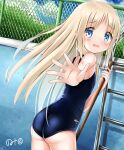  1girl ass blonde_hair blue_eyes blue_swimsuit blush broom chain-link_fence cloud fence from_behind kud_wafter kudpoid_(71139) ladder little_busters! long_hair looking_back noumi_kudryavka one-piece_swimsuit open_mouth outdoors outstretched_arm outstretched_hand pool school_swimsuit sky solo swimsuit tears thighs 