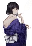  1girl bangs bare_shoulders blunt_bangs blunt_ends from_behind hands_up highres japanese_clothes kimono long_sleeves obi off_shoulder original pkokonatu print_kimono profile purple_kimono sash shoulder_blades solo thread upper_body white_sash yagasuri 